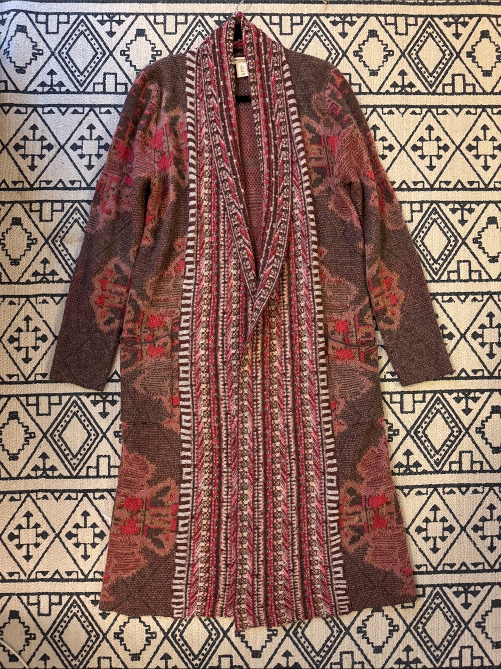 Christian Siriano Long Open-Front Cardigan Brown and Red Accents Alpaca Blend